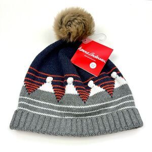 NEW! Hanna Andersson Grey & Blue Knit Pom Pom Hat, 6-12 Years